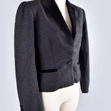 70's Grey SASSON Wool & Velvet Fitted Riding Jacket Blazer Vintage 1970's, 1980's Equestrian Velvet Trim, MEDIUM, Dark Gray Black Short Coat 