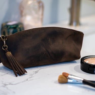 Curved Leather Zipper Bag | Leather Pencil Pouch | Makeup Bag | Made in USA | Leather Cosmetics Case 