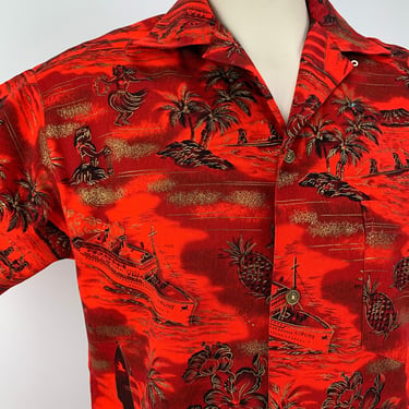 1960'S Hawaiian Shirt - Fashions of Hawaii Label - Vivid Red Colors - All Cotton - Loop Collar - Men's Size Medium 