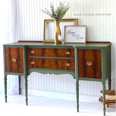 SOLD! SOLD ! SOLD -Do Not Purchase. Antique Mahogany Flamed Wood and Green  Sideboard, Buffet Server, Transitional Credenza 