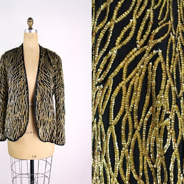 80s Leslie Fay Gold Sequined Jacket / Black and Gold Beaded Jacket / Party Top 