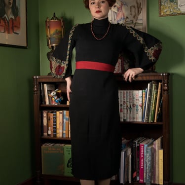 1930s Dress - Dramatic Mid 30s Vintage Day Dress with High Collar and Embroidered Bishop Sleeves  in Black Rayon Crepe 