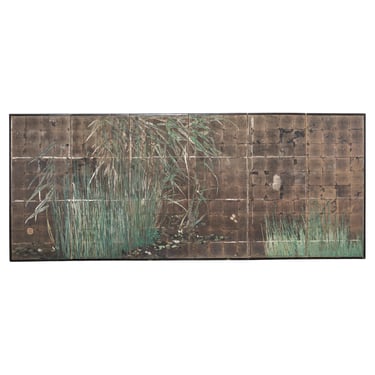 Japanese Meiji Six Panel Screen Bamboo Lily Pond