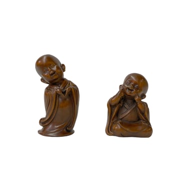 Chinese Pair Wood Carved Mini Kid Arhat Monk Lohon Figures ws3180E 