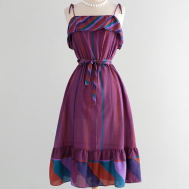 Vintage Late 1970's Plum Purple Striped Cotton Dress by Jackie O! / S