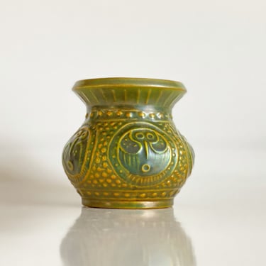 Small Hungarian porcelain vase by Zsolnay. Iridescent green eosin glaze pot with mask design. Bohemian shelf decor 