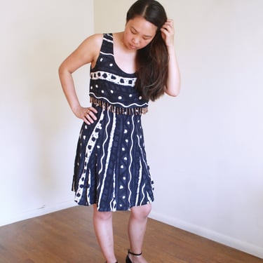 Vintage 90's Tank Dress, Abstract Print, Blue and White, M 