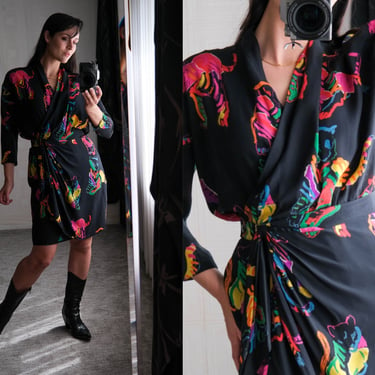 Vintage 80s ESCADA Black Silk Wrap Bodysuit & Mini Skirt Set w/ Electric Tiger Print | Made in W. Germany | 100% Silk | 1980s Designer Set 