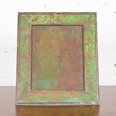 Tiffany Studios New York Pine Needle Bronze and Green Slag Glass Large Picture Frame, Circa 1910