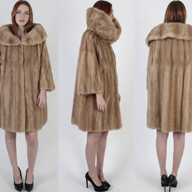 60s Autumn Haze Mink Fur Coat, Large Fur Back Hooded Collar, Margot Tenenbaum Costume, Vintage 1960's Opera Jacket 