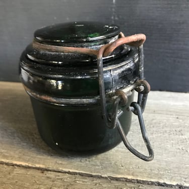 French Green Canning Jar, DuFor, Dark Green Glass Tiny Mason French Country Farmhouse Cuisine 