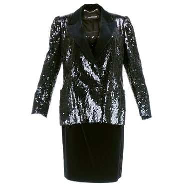 Louis Feraud 90s Velvet Sequin Tuxedo Skirt Suit