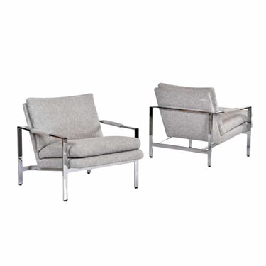 Pair of Milo Baughman For Thayer Coggin Gray 951 Flat Bar Chrome Lounge Chairs 