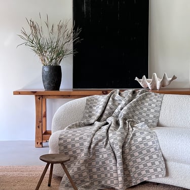 Vintage Cream Grey Patterned Throw Blanket | Cotton Blend Checkerboard Coverlet | 60" x 80" | BL135 