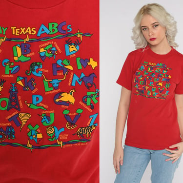 90s Texas Tshirt ABCs Shirt Graphic Tee Shirt 90s T Shirt Retro Print Southwest Travel 1990s Vintage Red Cowboy Animal Shirt Extra Small xs 