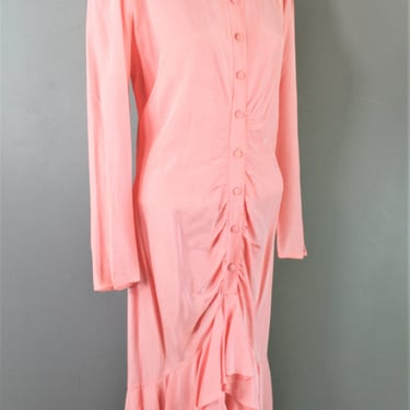 Rouched and Ruffled - Peachy Pink - Circa 1980s - Button Down Dress - Marked size 9/10- by Michelle Stuart 