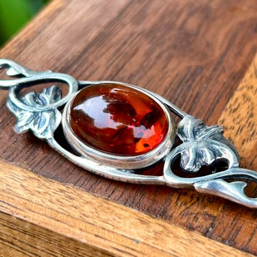 Vintage Sterling Silver Baltic Amber Pin Brooch 925 Art Nouveau Style Handmade Jewelry 