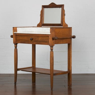 1920s French Art Deco Oak Wash Table or Vanity W/ White Marble Top 