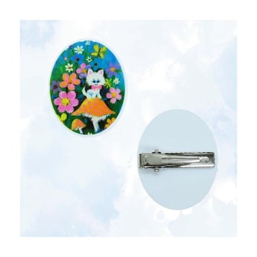 Vintage Kitten Hair Clip - Retro 60s Style Kitty & Mushroom Groovy Barrette - Cute Kitsch Cat Accessory 