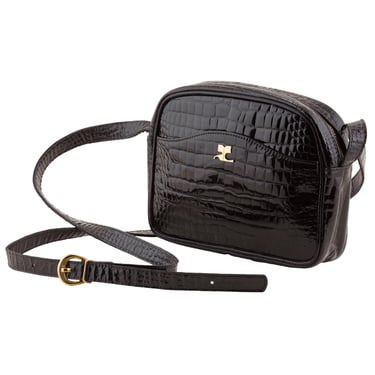 Courrèges 1970s Vintage Black Croc Embossed Patent Leather Crossbody Bag Purse 