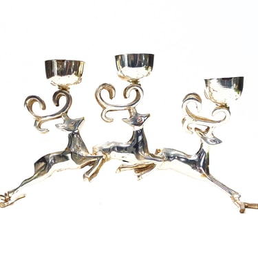 VINTAGE: Triple Silver Solid Brass Reindeer Candleholder - White Christmas - Candelabra Candle Holder - Christmas - SKU Tub-395-00013442 
