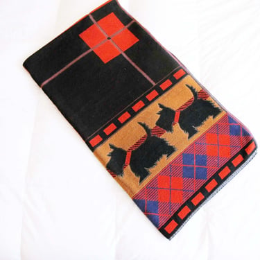 Vintage Scottie Dog Plaid Novelty Beach Pool Towel XL - 1980s Large Black Scotty Dog Blue Black Tan Plaid Cotton Towel 