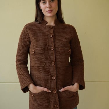 Vintage Wool Cardigan / Pat Crowley Hand Knitted Sweater / 60's Brown Wool Knit Sweater / Hipster Knitwear / Pocketed Sweater 