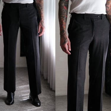 Vintage 70s Yves Saint Laurent Black Flare Leg Slacks w/ Red & Gray Pinstripe | Made in France | 100% Wool | 1970s YSL Designer Mens Pants 