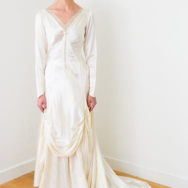 Vintage 1930s Satin Wedding Gown | S | Antique Art Deco Satin Bridal Dress with Sleeves and Train 