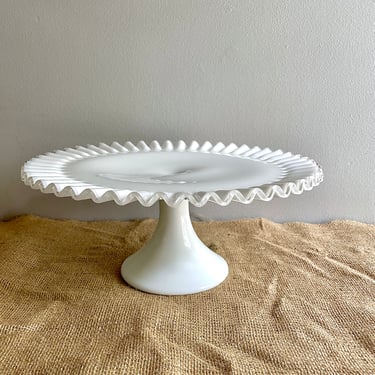 Vintage Fenton Silver Crest Glass Cake Stand or Plate, Ribbon Ruffle Edge, 13 inch, Cased Glass, Milk Glass 