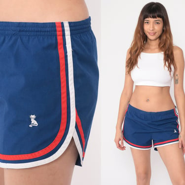 80s Jogging Shorts Dark Blue Pussy Cat Dolphin Style Shorts Red White Ringer Stripe Retro Gym Shorts Elastic Waist Vintage 1980s Medium 