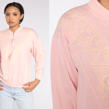Geometric Sweatshirt 80s 90s Baby Pink Southwest Pullover Quarter Zip Sweater Retro Boho Pastel Southwestern Sweatshirt Vintage Small S 
