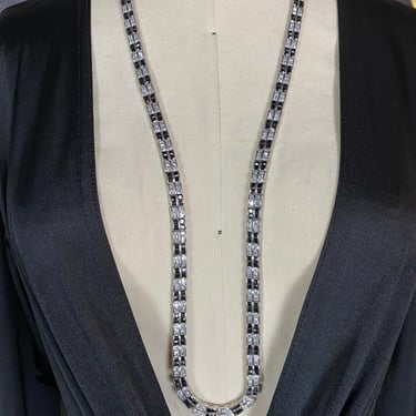 1980s rhinestone necklace, flapper style, quartz sapphire, baguette, long necklace, sterling silver, formal, cocktail, vintage jewelry, deco 