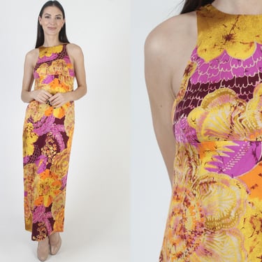 60s Fumi's Honolulu Hawaii Dress, Bright Luau Print Tiki Sundress, Long Tropical Beach Barkcloth 