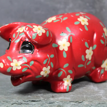 Adorable Red Piggy Bank with Painted Flowers | Vintage Ceramic Piggy Bank | Circa 1960s | Novelty Coin Bank 