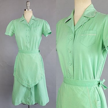1940s Waitress Uniform / 40s Green Waitress Uniform w/ Apron / Size Small Medium 