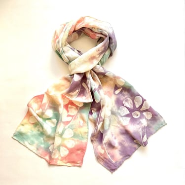 Vintage 70s Hippie Tie Dye Silk Scarf 1970s Boho Floral Long Hair Accessory 