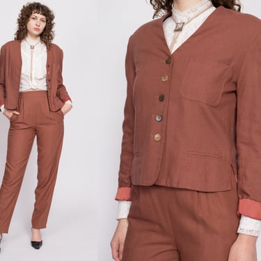 80s Terra Cotta Raw Silk Suit Set - Small | Vintage Button Up Jacket & Tapered Leg Trousers Two Piece Outfit 