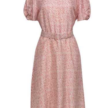 Lafayette 148 - Pink & White Spotted Puff Sleeve Belted Silk Midi Dress Sz 12