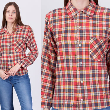 80s Plaid Flannel Button Up Shirt - Small | Vintage Long Sleeve Grunge Collared Top 