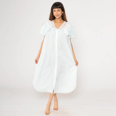 80s Maternity Nightgown Pale Blue Lace Pajama Dress Short Flutter Sleeve Nightie Midi Thin Boho Vintage Button Up Pastel Large L 