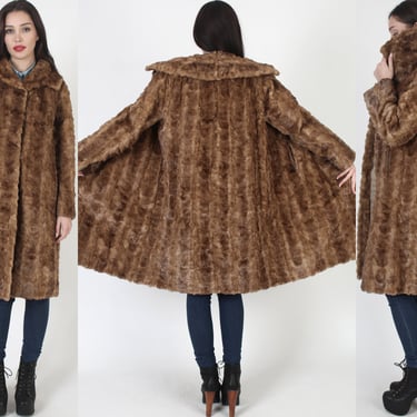 Large Fur Collar Mink Coat / Real Chevron Print Swing Jacket / Vintage 60s Feathered Autumn Haze Color 