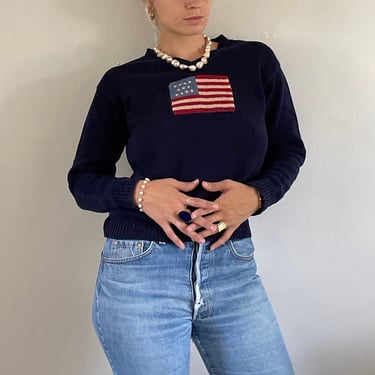 80s Ralph Lauren flag sweater / vintage navy blue cotton American flag Ralph Lauren Polo crewneck cropped snug sweater | Small Medium 