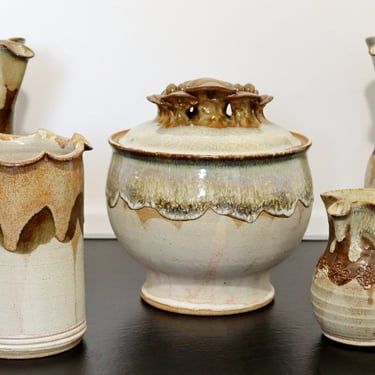 Mid Century Modern 6 Pc Ceramic Art Set Pitchers Vase Lidded Tureen Signed 2000s 