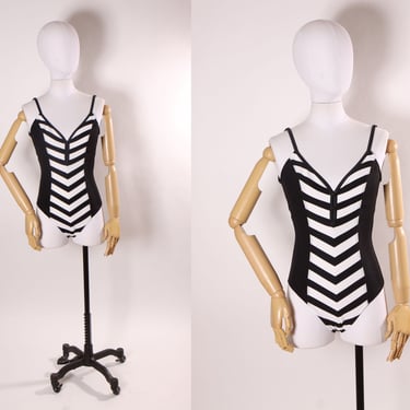 1980s Does 1950s Black and White Striped Barbie Style One Piece Swimsuit by Cole of California -S 