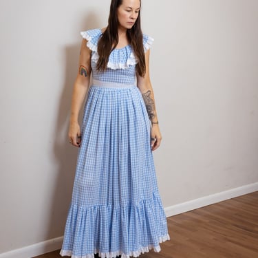 Size S/M, 1970s Blue Gingham Ruffled Prairie Maxi Dress 