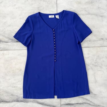 Vintage Liz Claiborne Tunic Top Periwinkle V Neck Triacetate Button Slit Women 16 