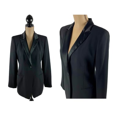 Longline Fitted Black Blazer Medium, Satin Lapel Tuxedo Jacket, Dressy Evening Clothes for Women, Vintage 80s 90s from Jones New York Size 8 