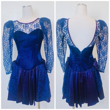 1980s Vintage Royal Blue Velvet Bow Mini Dress / 80s Lace Puffed Sleeve Prom Dress / Size XS 