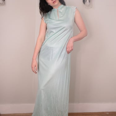 1970's Teal Silky Slip Dress/ Vintage Disco Maxi Dress/ Teal Blue Evening Dress with Lace/ Sexy and Cool Long Dress 